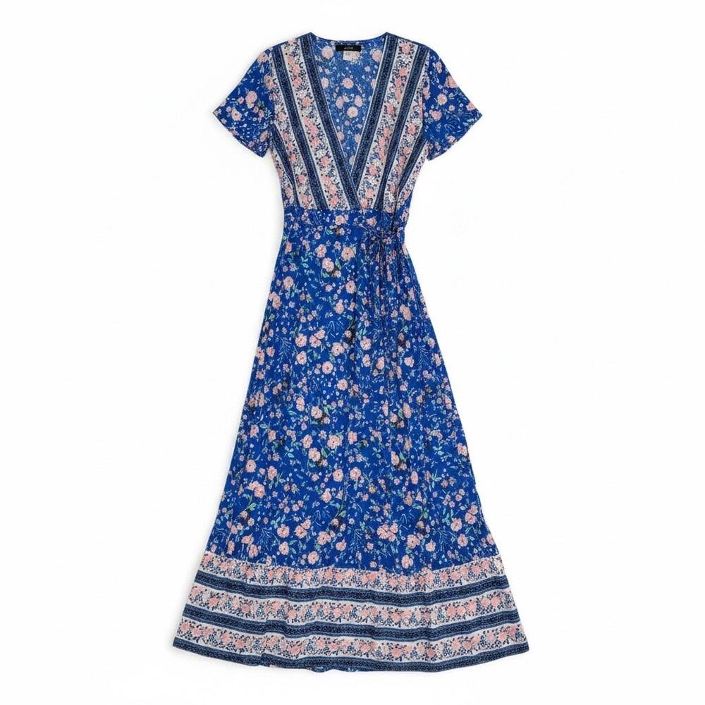 Zescia Sz L Blue Floral Adjustable Wrap Maxi Dress Short Sleeve Flattering | EUC